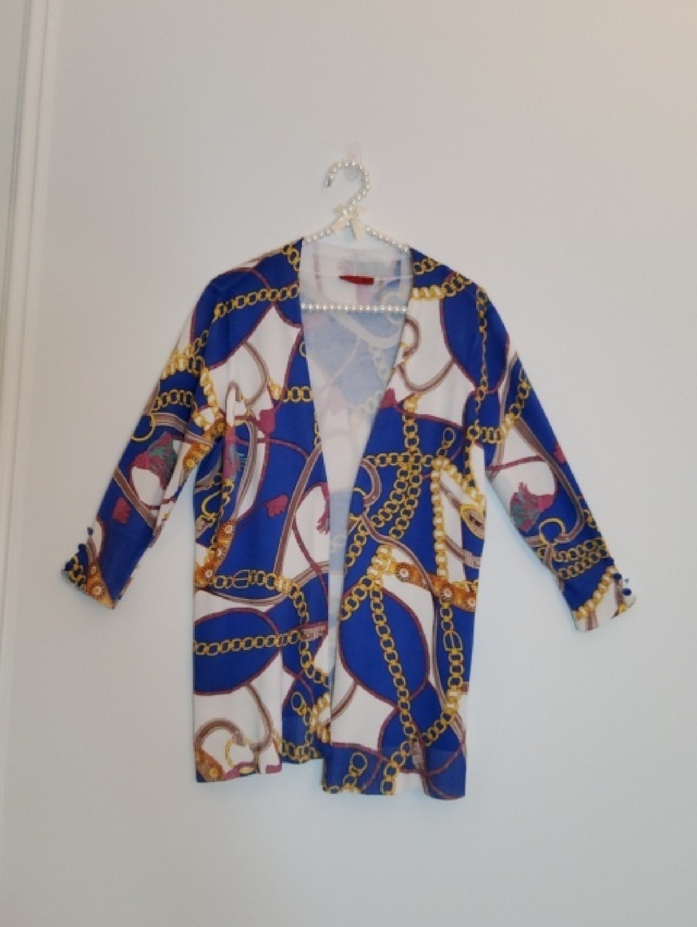 Red Brand Blue & Gold Chain-Print Open Cardigan